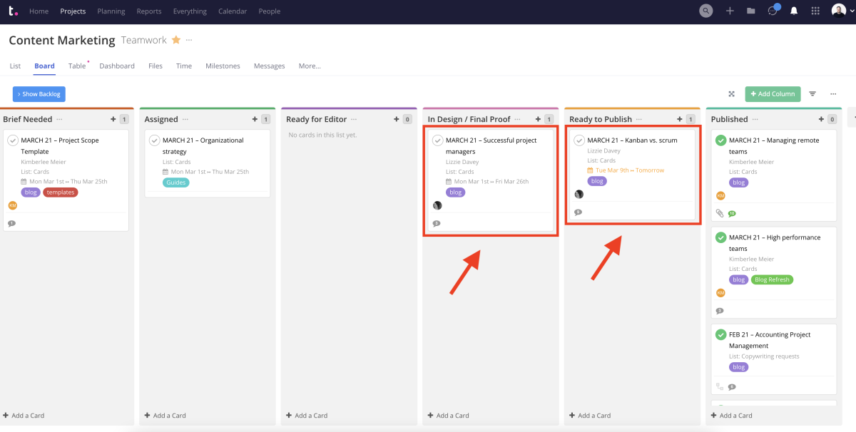 Content Kanban Example of Cards