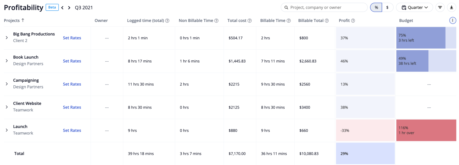 profitability report view in teamwork