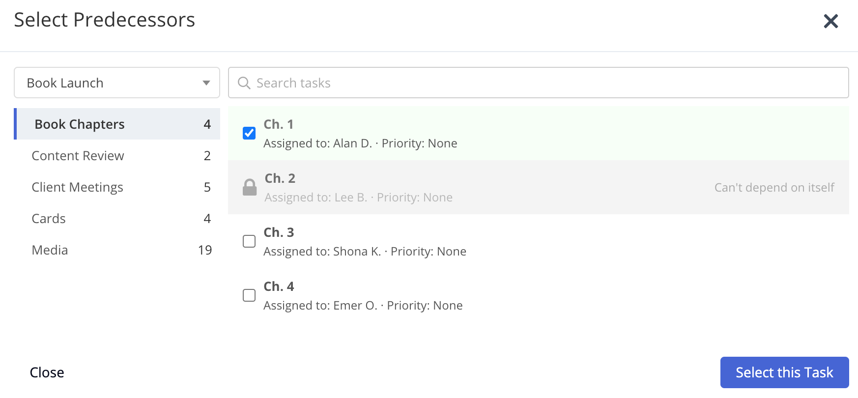 Select Predecessors Task Dependency in Teamwork